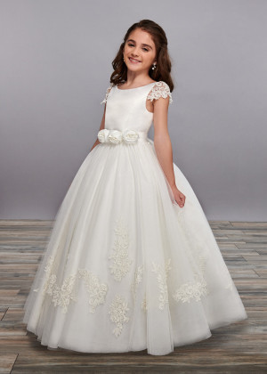 Ivory Satin Tulle Flower Girl Dress With Floral Belt